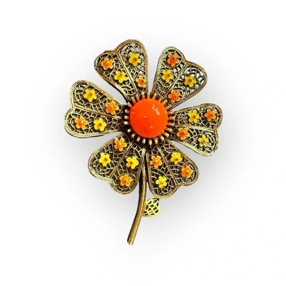 Vintage Jewelry - Signed ART Gold Multicolored Enamel Flower Brooch